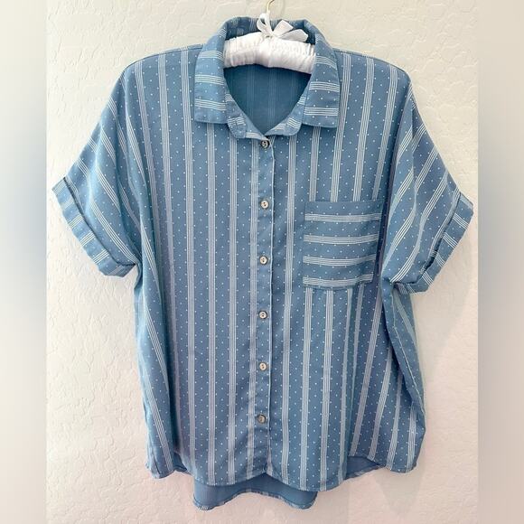 EMBERLEY Blue Striped Polka Dot Button Front Short Sleeve Collared Blouse Medium - Picture 1 of 6